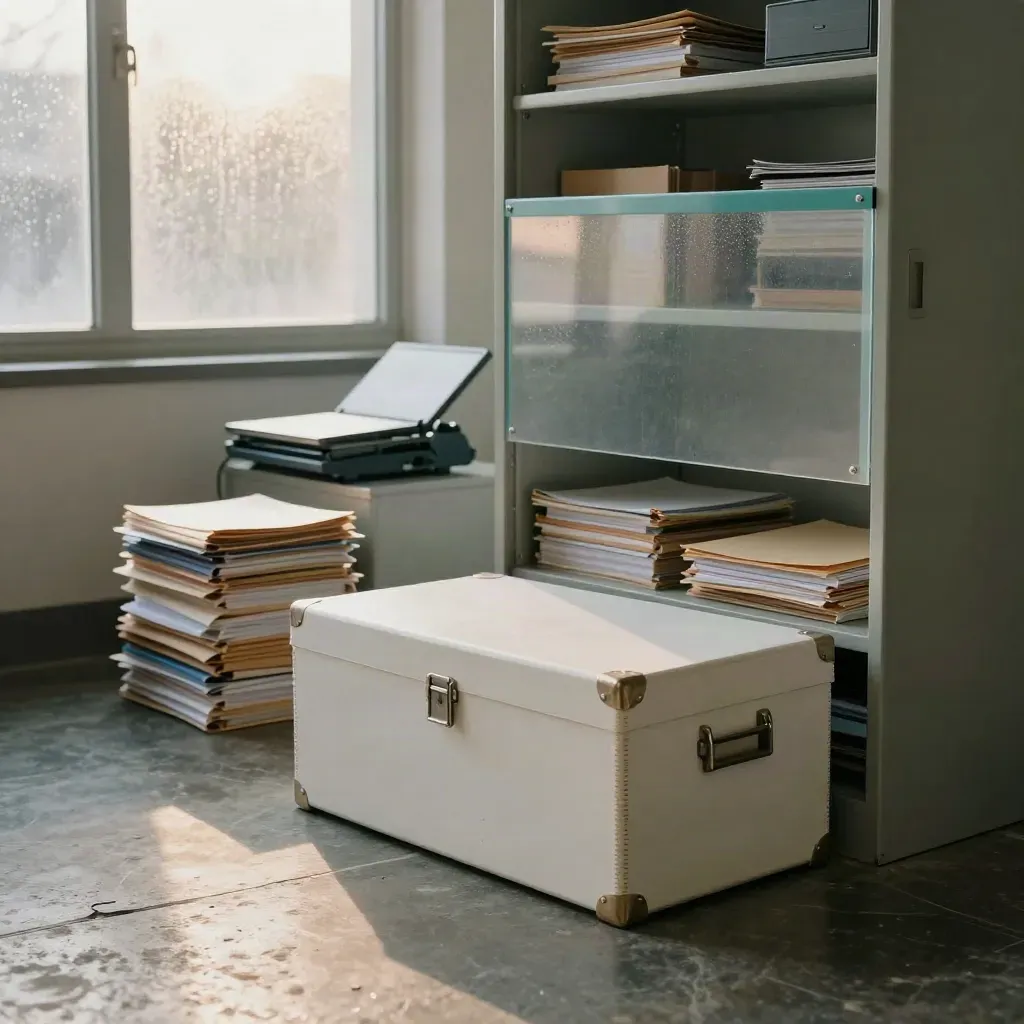 Open records room with evidence box, folders, scanner and privacy screen in rain-lit dawn