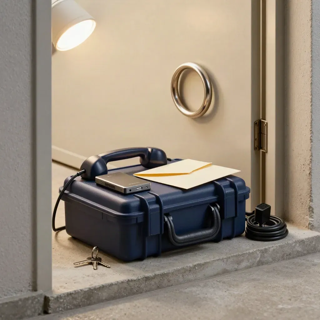Incident response kit on a concrete shelf by an exit door, frozen in a tense draft.