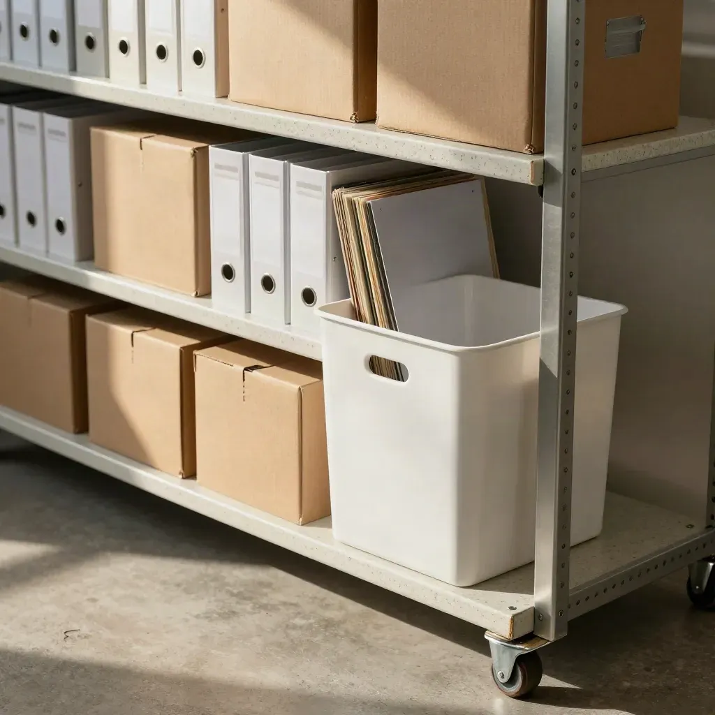 Archive shelving with sorted boxes, shred bin and return cart in warm afternoon light.