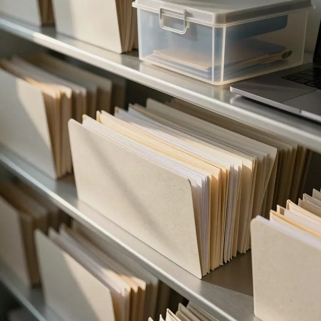 Clinic records room detail with folders, closed laptop and tinted storage boxes along diagonal shelves.
