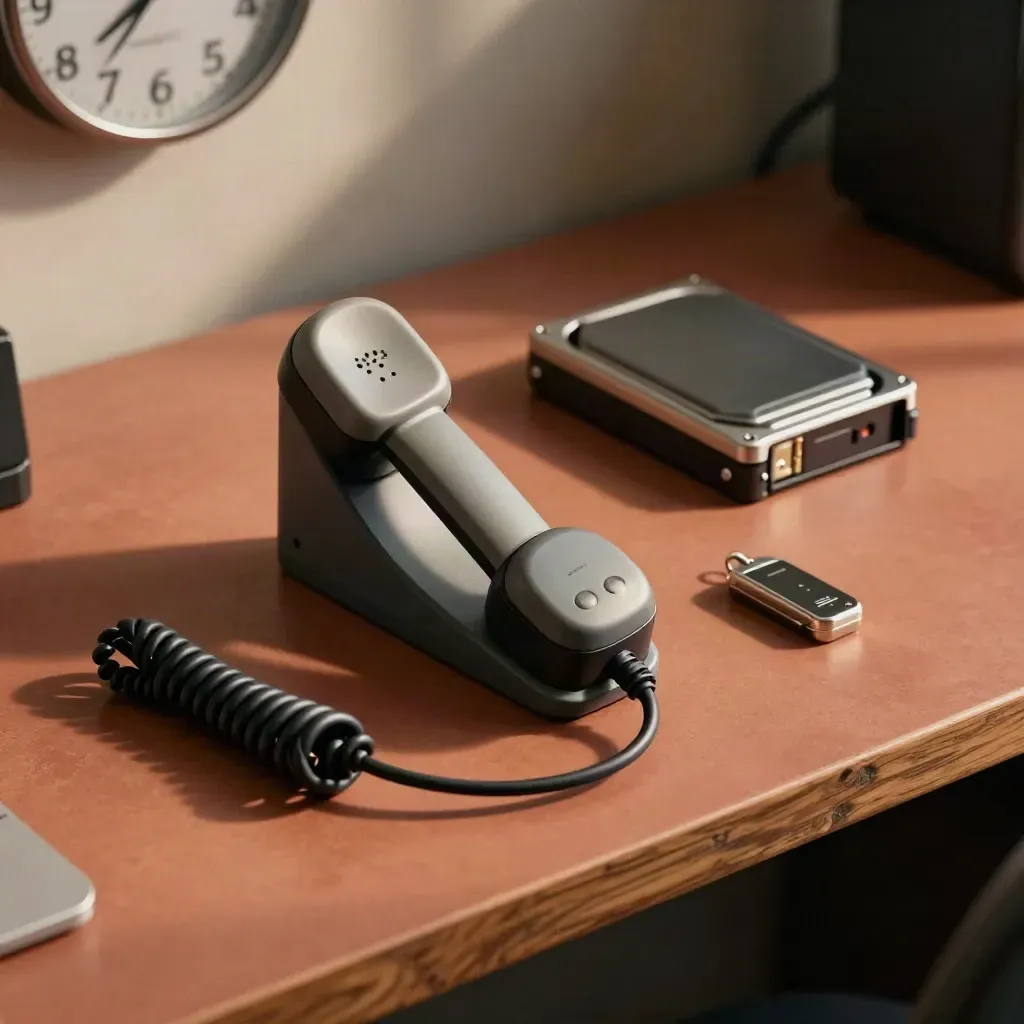 Overhead ops desk with handset, backup drive case, and blurred wall clock in soft daylight.