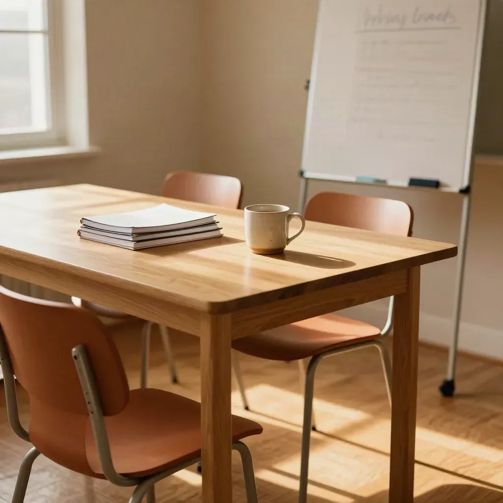 Empty privacy training room with notebooks, chairs, a turned flip chart, and a mug in warm window light