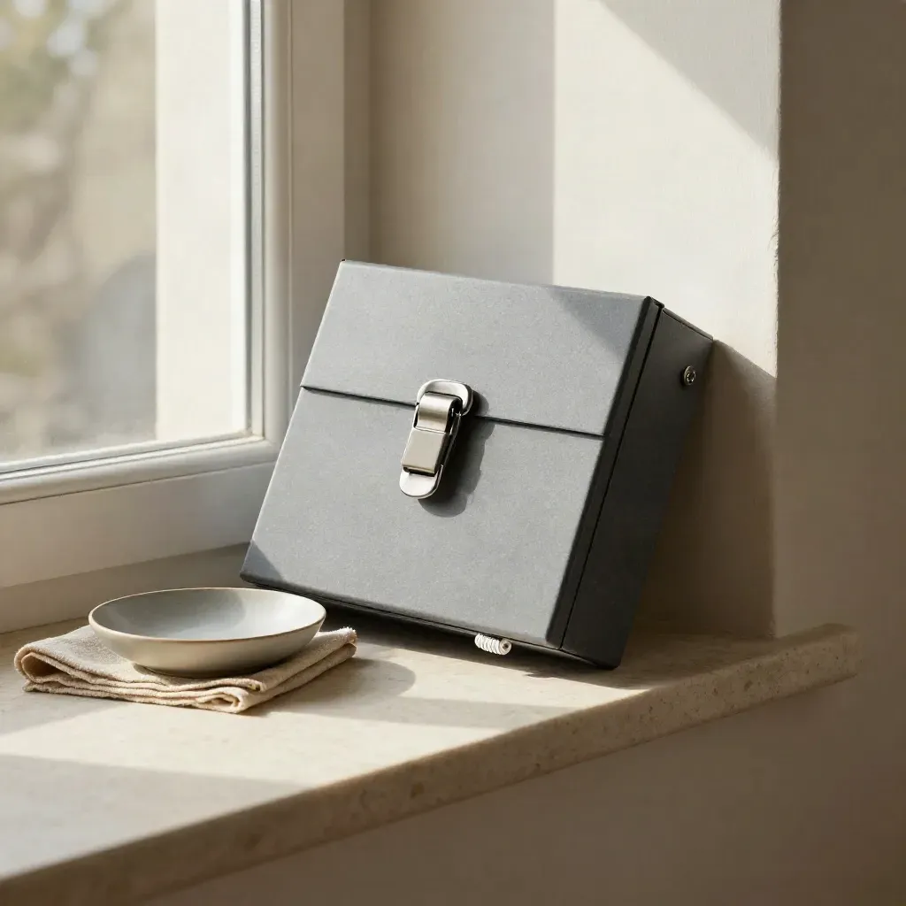 Sealed incident response box with coil, dish, and folded cloth on a pale entry ledge.